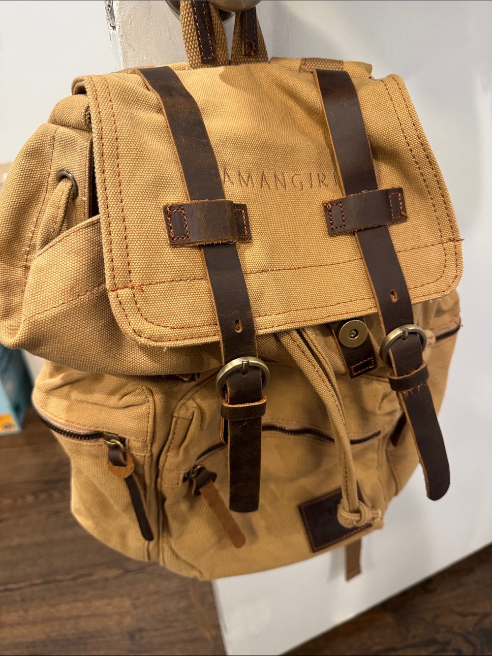 Canvas Drawstring Backpack with Brown Leather Straps - AMANGIR